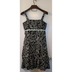 R&K Original Dress/Sundress WOM SZ 10 Black/Mint Green Print Shirred Bodice Bow